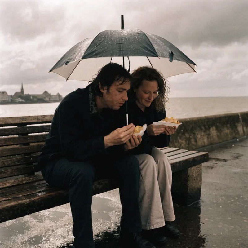 Two adult siblings on a rainy seaside bench under one umbrella, eating chips from paper, grey sea behind them.