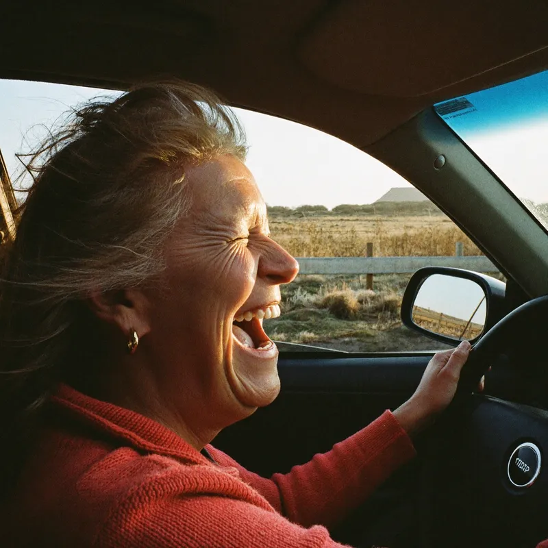 A woman driving with the window down, head tipped back mid-laugh, low afternoon sun across her face and open fields blurring past.