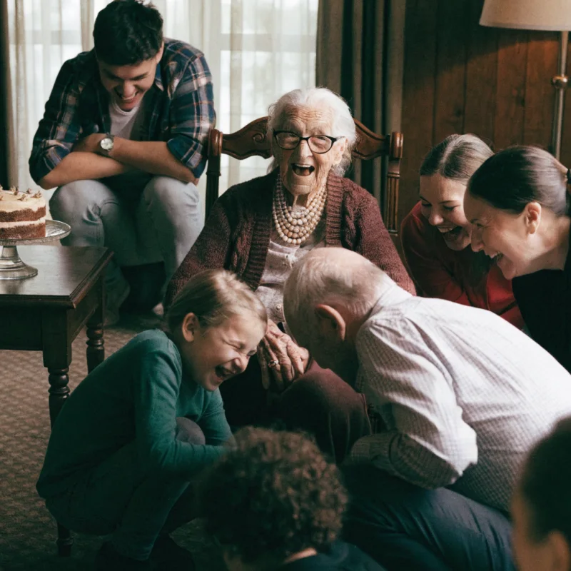 A woman of ninety in a high-backed chair surrounded by several generations of laughing family, a cake on a side table.