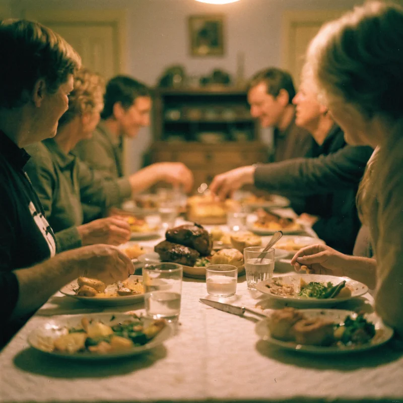 A long Sunday dinner table mid roast, plates half eaten, hands reaching for dishes under warm overhead light.