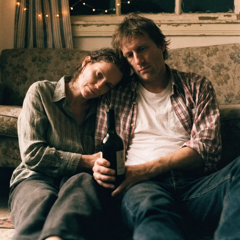 A couple sitting on the floor of a small flat with their backs to the sofa, one head resting on the other's shoulder.