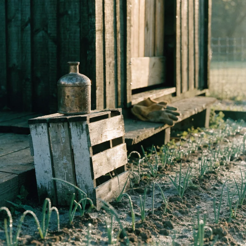 An allotment shed at dawn with the door ajar, a battered flask on a crate and worn gardening gloves on the step.