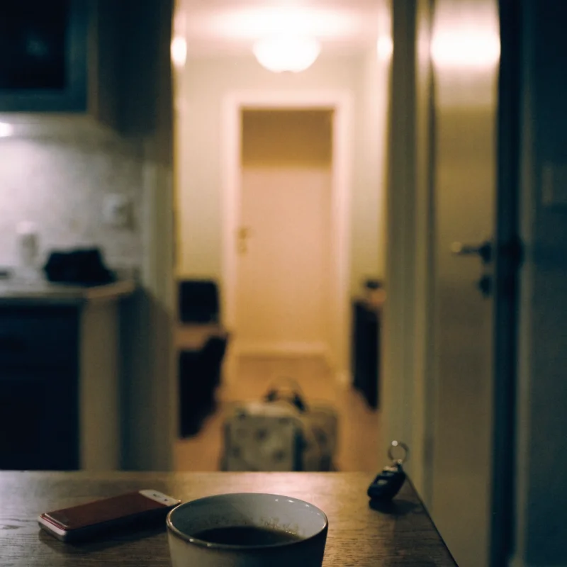 A kitchen table at night, a phone face down beside a cooling mug of tea, a packed bag and car key by the door behind.