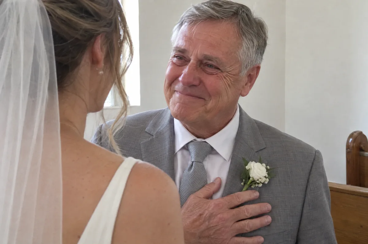 A father in a grey suit with a white buttonhole in a church, hand on his heart and eyes wet, looking at his daughter in her veil.