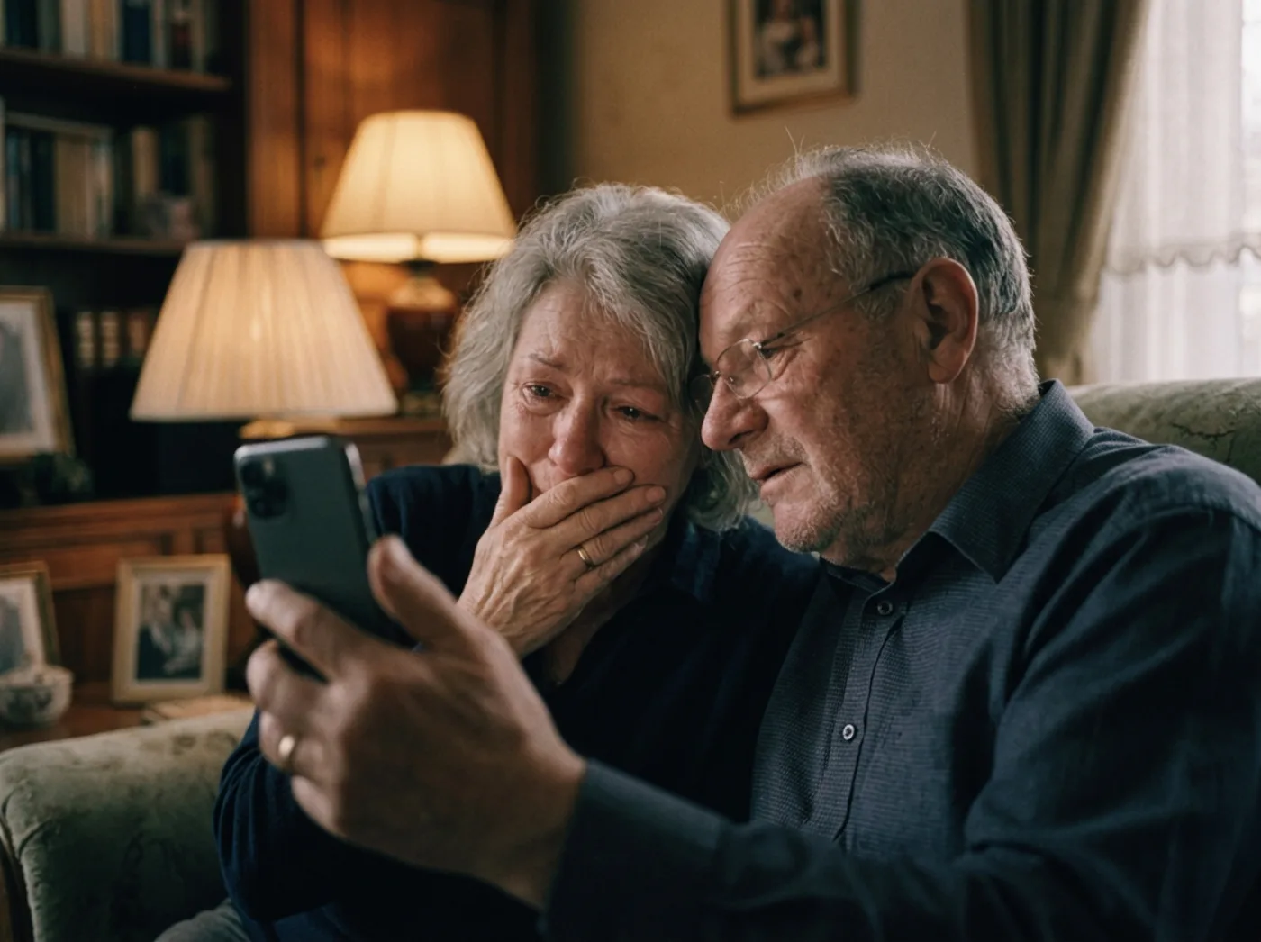 An older couple on a sofa, heads leaning together over a phone he is holding out in front of them both, her hand over her mouth as she listens.