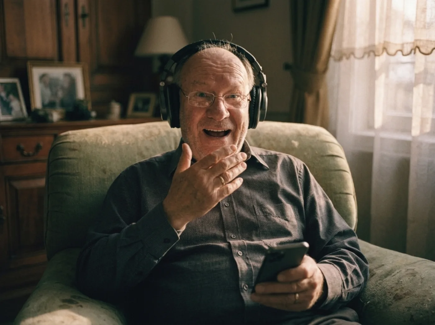 A woman in her fifties by a window wearing over-ear headphones, eyes closed, one hand resting on her chest as she listens.